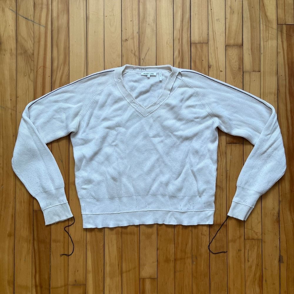Helmut Lang Cream Ribbed Cotton Wool Cashmere V-Neck Sweater Stripe Small